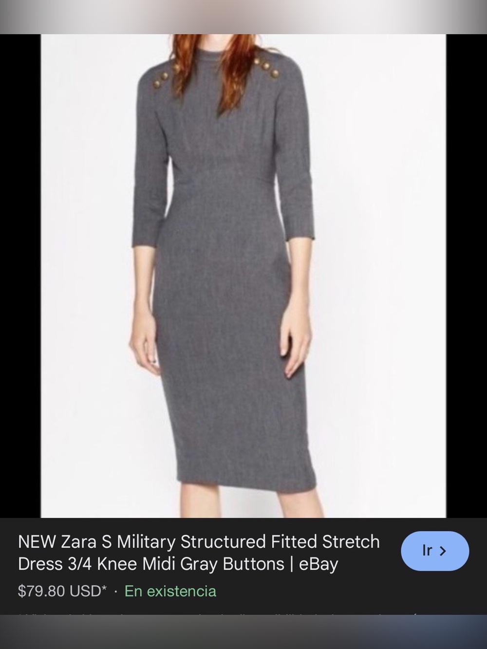 Zara Gray Military-Style Midi Dress with Gold Shoulder Buttons